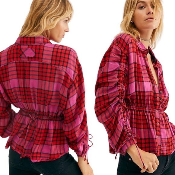 HP🎉FreePeople We the Free Red Combo Pink Pacific Plaid Flannel Top - Picture 3 of 10